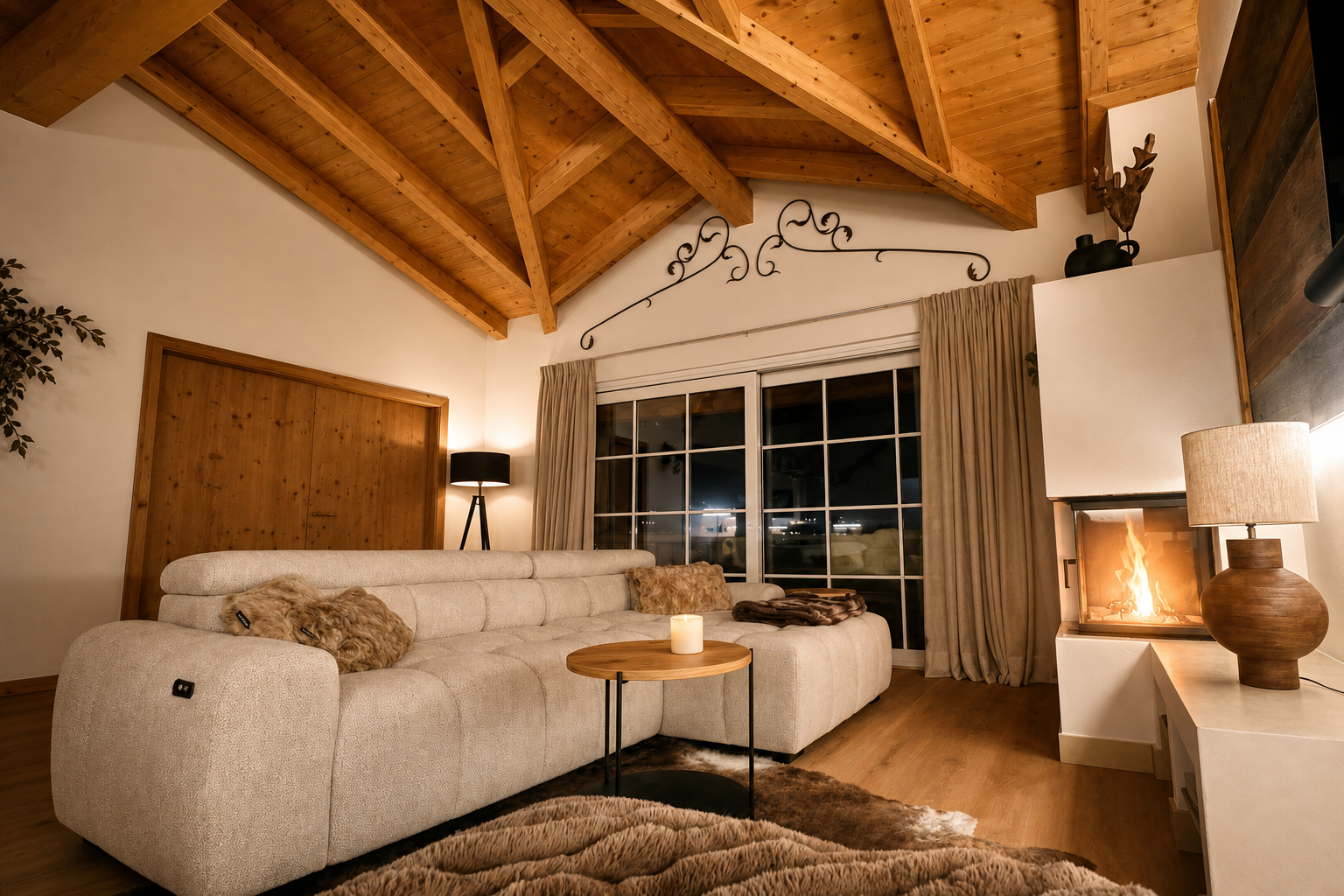 Woonkamer van Avenida Mountain Resort Top A24 in Kaprun in avond